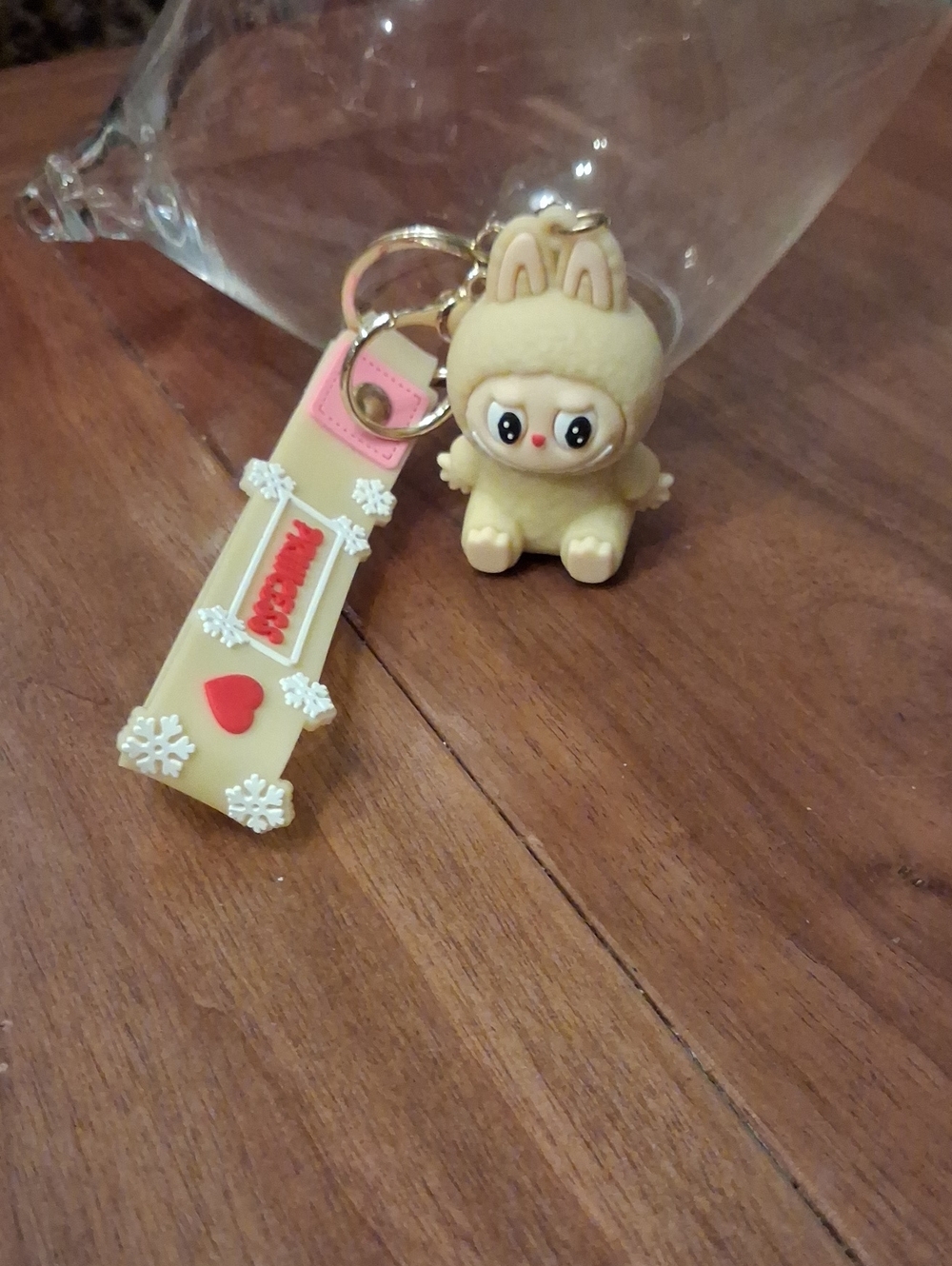 Beige Labubu Character Keychain Charm - 3D Rubber & Silicone, Gold Tone